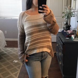 Cream/Taupe Wide Neck Striped Sweater